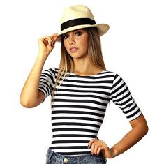 Blusa Feminina Meia Manga Estampa Branca De Listras Finas Pretas Decote Canoa