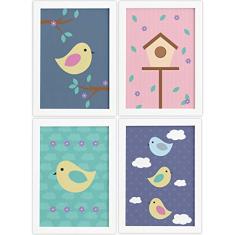 Quadros Decorativos Infantil Pássaros Moldura Branca 4un 22x32