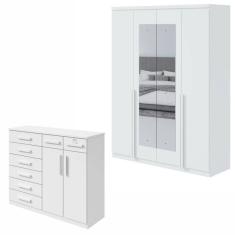 Conjunto de Guarda-Roupa Alonzo 4 portas com espelho e Cômoda Toronto Branco