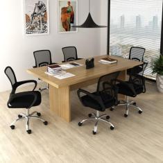 Kit 7 Peças com Uma Mesa de Reunião e 6 Cadeiras de Escritório Tela Mesh Espresso Móveis Amêndoa/Preto