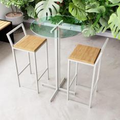 Conjunto Mesa Alta Bar Bistrô Redonda Vidro 2 Banquetas Confort Pinus 