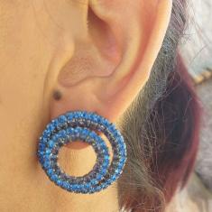Brinco Redondo De 2 Partes Strass Azul Folheado A Grafite