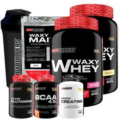 KIT 2x Whey Protein Waxy Whey + BCAA + Creatina + Waxy Maize + Glutamina + Coqueteleira - BB-Unissex