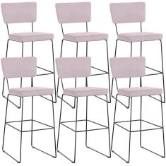 Kit 06 Banquetas Alta Para Cozinha Sala De Jantar Base Em Aço Allana L02 Suede Rosê