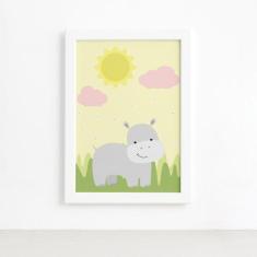 Quadro Safari Menina Hipopótamo Moldura Branca 22x32cm - Quartinhos