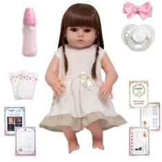 Boneca Reborn Bonita Olhos Castanhos 13 Acessórios Enxoval - Cegonha R