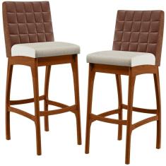 Kit 02 Banquetas Altas Mila Marrom Linho Champagne