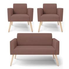 Sofá Namoradeira Com 2 Poltronas Pés Palito Natural Marisa Veludo Rosê