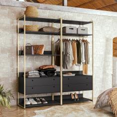 Guarda Roupa Closet Modulado Industrial Quarto Solteiro Olivar Aberto 178cm - Preto - Cor: Preto