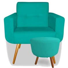 Kit Poltrona Decorativa Anitta com Puff Redondo Pés Madeira Suede Turquesa