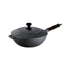 Panela Wok em Ferro Fundido com  cabo Silicone Preto