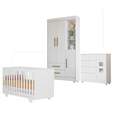 Quarto de Bebê com Berço Mini Cama, Cômoda 1 Porta 4 Gavetas e Roupeiro Flocos 3 Portas 2 Gavetas Branco