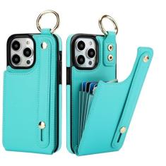 Folosu Capa carteira para iPhone 14 Pro Max com suporte para cartão, alça de pulso de mão, suporte, anel de aperto de dedo com bloqueio de RFID, couro PU, botões duplos, capa à prova de choque, 17 cm,