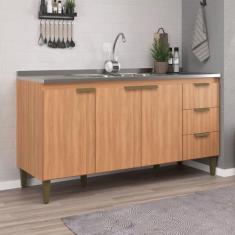 Balcão de Cozinha para Pia 160 Cm Sara 3 Portas 3 Gavetas Freijó - Jca