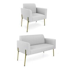 Sofá Namoradeira E Poltrona Pé De Ferro Dourado Marisa Linho D03 Cinza