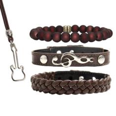 Pulseiras Masculinas Couro MÚSICA Kit C / 03 + Colar Violão Guitarra -