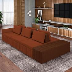 Sofá Ilha com Encosto e Almofadas Móveis Olimpo 365cm Modulado Linho/PU Terracota/Marrom G45 - Gran Belo