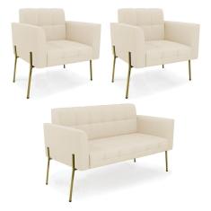 Sofá Namoradeira E 2 Poltronas Pé De Ferro Dourado Elisa Linho D03 - D'rossi Cor A19 Bege