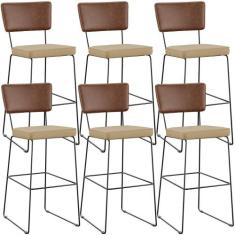 Kit 06 Banqueta Alta Cozinha Sala Jantar Allana L02 Sintético Marrom L