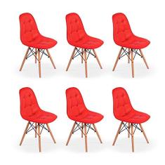 Conjunto 6 Cadeiras Dkr Charles Eames Wood Estofada Botonê - Vermelha