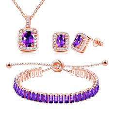 Tobestu Brincos de zircônia cúbica banhados a ouro rosa colar retangular baguete pulseira de tênis conjunto de joias de cristal ajustável, Latão, Zircônia cúbica
