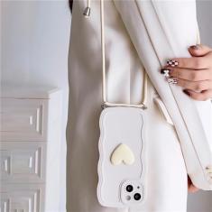 Colar crossbody cordão amor coração onda borda capa macia para iphone 15 14 pro max 13 12 11 x xs xr 7 plus capa, branco, para iphone 12 pro