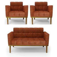 Sofá Namoradeira E 2 Poltronas Base Madeira Castanho Elisa Corano D03 - D`rossi Cor Nozes