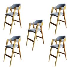 Kit 5 Banquetas Laura Madeira Maciça de Eucalipto Verniz Linho Cinza/Marrom