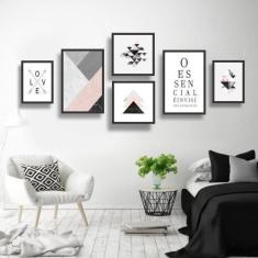 Conjunto Kit 6 Quadros Decorativos Rosa E Cinza Essencial - Real Decor