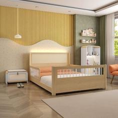 Cama Casal Montessoriana Reversível, Estante 4 Nichos Em Led E Sapateira 1 Pt Infantil Wave Casatema Branco - Natural