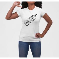 Camiseta ECF Feminina Guitarra Rock & Roll Manga Curta Branca Poliester