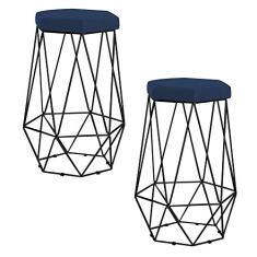 Kit 2 Banqueta Decorativa Rubel Base Preta Veludo Azul - Gran Belo