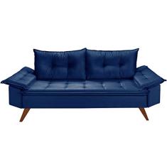 Sofa Retro Bariloche 3 Lugares Tecido Suede Pes em Madeira Cor:Azul Marinho