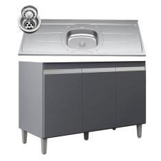Balcão De Cozinha Com Pia Inox 120cm 3 Portas Manu Cinza - Ajl Móveis