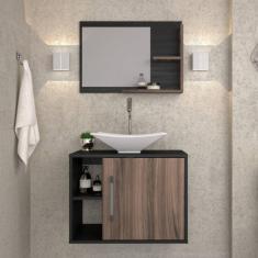 Conjunto para Banheiro Gabinete com Cuba Folha L38 e Espelheira Laura 600 Yescasa Preto Ônix/Nogal