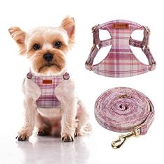 CHEDE Arnês para cães com padrão simples sem puxão - Peitoral para cães leve e macio, conjunto de coleira e coleira para cães pequenos ajustáveis, com guia para cães, adequado para filhotes de cachorro pequeno e médio