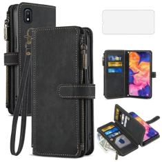Asuwish Capa de telefone para Samsung Galaxy A10e capa carteira e protetor de tela de vidro temperado couro flip suporte para cartão de crédito cordão alça de pulso acessórios de celular A 10e 10ae