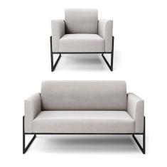 Sofá Namoradeira Com Poltrona Base Industrial Alta Preto Marisa Veludo Cinza D03 - D\`rossi