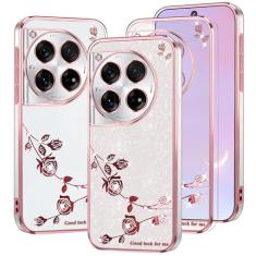 Kainevy Capa de celular para Oneplus 12 capa protetora de silicone transparente com glitter rosa à prova de choque Oneplus 12 capa estética fina fofa com padrão de flor gradiente design brilhante