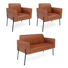 Sofá Namoradeira E 2 Poltronas Pé De Ferro Preto Marisa Corano D03 - D`rossi Cor Nozes