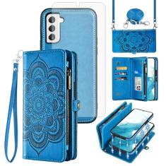 Asuwish Capa de celular para Samsung Galaxy S22 5G carteira com zíper destacável com protetor de tela de vidro temperado alça transversal flor compartimento para cartão S 22 22S 4G G5 15.5 cm mulheres