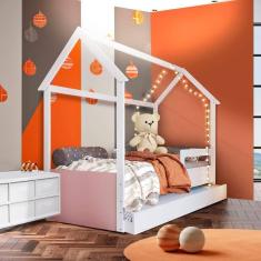 Bicama Casinha Montessori Solteiro Branco Rosa Sorriso Jm Móveis