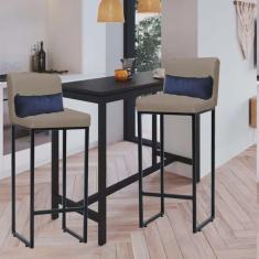 Kit 02 Banqueta Alta com Encosto Lucca Industrial Cozinha Balcão Ferro Preto Sintético Bege e Almofada Azul Marinho - Ahazzo Móveis