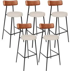 Kit 05 Banquetas Alta Bar Cozinha Sala De Jantar Milão L02 Couríssimo Camel Linho Cru - Lyam Decor