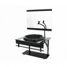 Gabinete Com Cuba Para Banheiro De Vidro Apx 60cm Com Cuba Chapeu - Preto