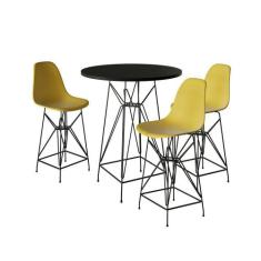 Jogo Mesa Bistrô Eames Preta 60Cm 3 Banquetas Amarela Base Ferro Preto