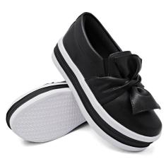 Tênis Slip On Feminino Laço Frontal Sola Borracha Robusta Leve Top Mulher Casual-Feminino