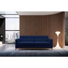 sofá 3 lugares living pés e base em madeira linho cotton azul marinho 180 cm