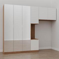 Guarda Roupa Modulado de Solteiro com Espelho e Mesa de Cabeceira Esquerda 7 Portas 3 Peças Hera Cab Louro/Branco Geada/Cromado