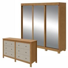 Conjunto de Guarda-Roupa 3 Portas 3 Gavetas Saion Plus Super Glass com Pés e Cômoda Maggiore New  Amêndoa Clean/Off White/Amêndoa Clean